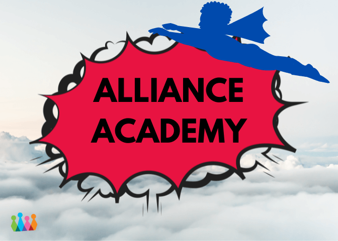Logo for Alliance Academy, child in a superhero cape flying over word bubble that says "alliance academy"