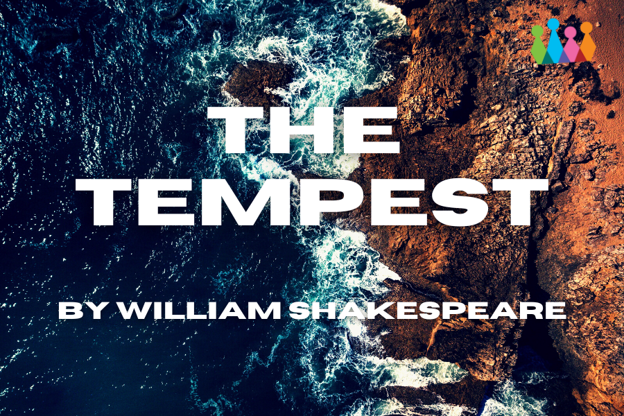 Text says "The Tempest by William Shakespeare" over a picture of waves crashing on a shore