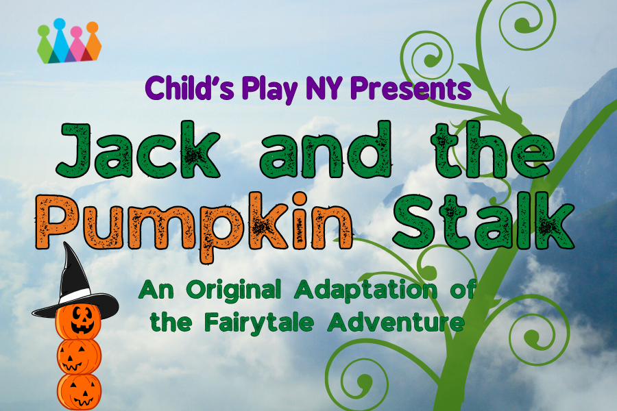 Logo for Jack and the Pumpkin Stalk - Green and Orange Text on Clouds with greenery